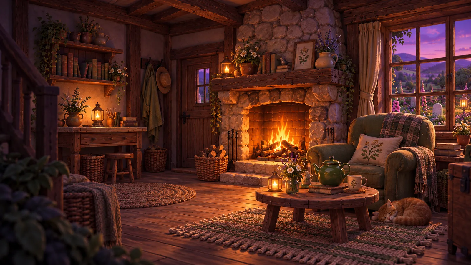 The keeper's cottage at dusk, with a warm hearth, a pot of tea, and a sleeping ginger cat
