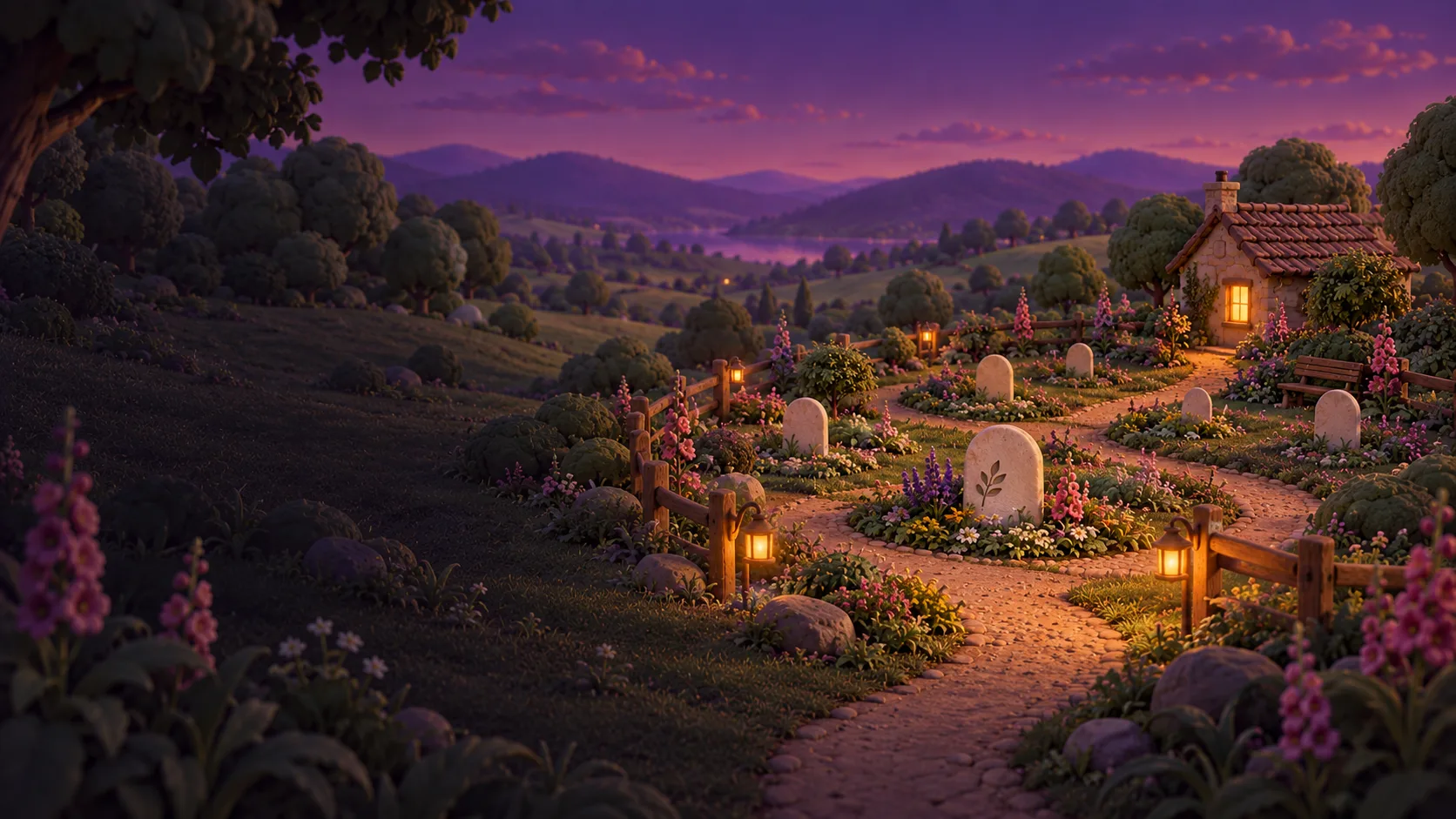 A lantern-lit garden nestled in a handmade valley, beneath a violet evening sky