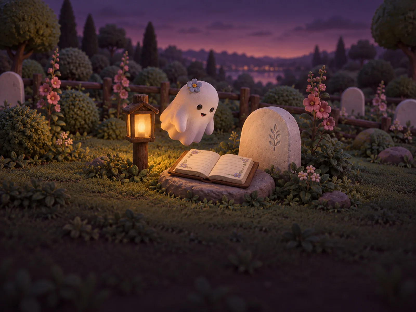 A gentle ghost watches over an open book of memories among lantern-lit flowers