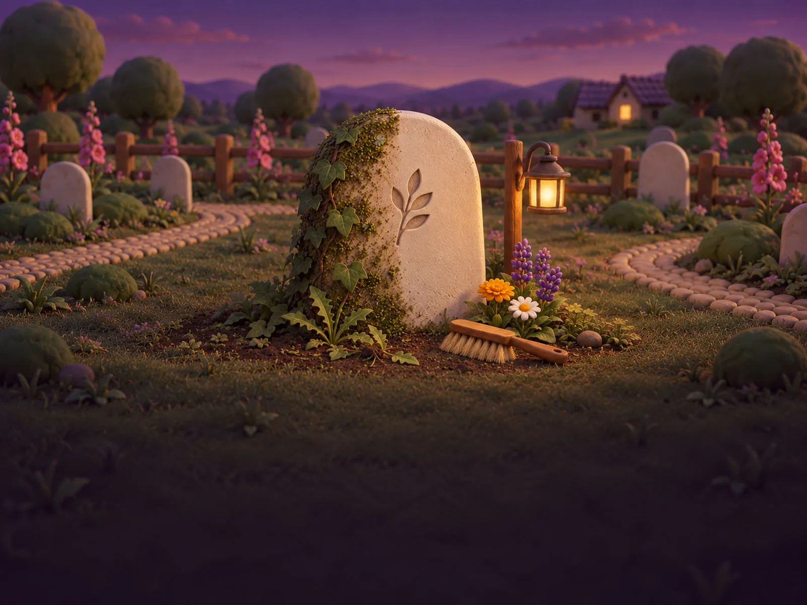 Ivy, flowers, and a lantern beside a forgotten memorial in a handmade garden