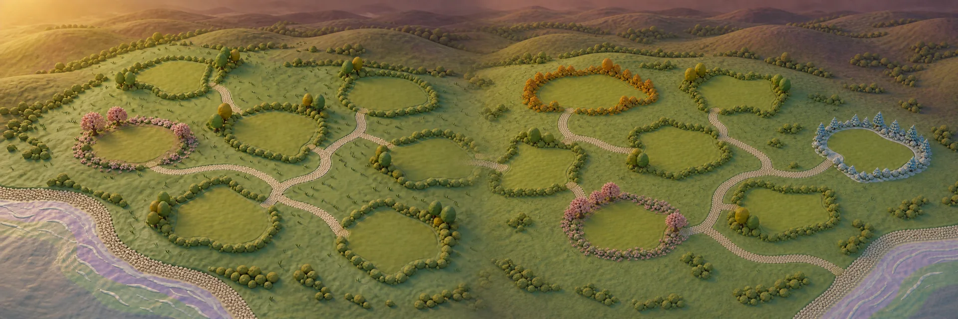 A wide painted country map with fourteen cemetery clearings connected by winding paths