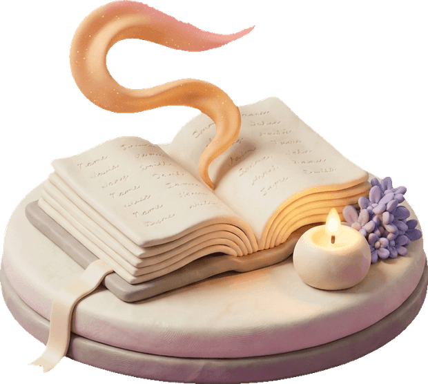 An open memorial book beside a candle and flowers
