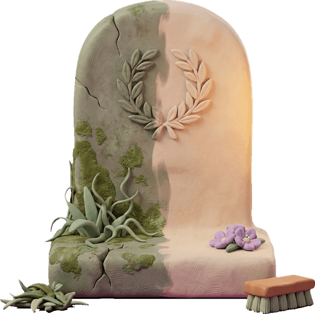 An overgrown memorial being gently restored in Dearly